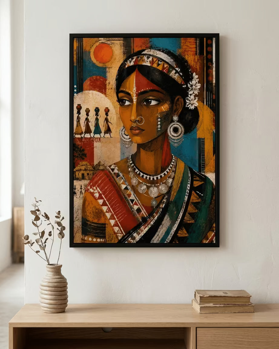 A framed vertical art print featuring a stylized portrait of a woman in traditional Indian attire, displayed on a light wall above a wooden console table with a vase and books.