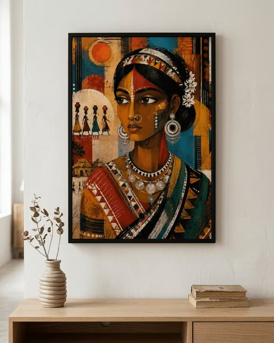A framed vertical art print featuring a stylized portrait of a woman in traditional Indian attire, displayed on a light wall above a wooden console table with a vase and books.