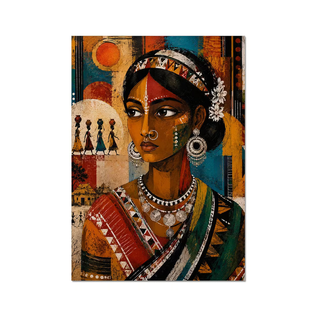 Santhal Indian folk culture art featuring a traditional tribal woman portrait with ethnic jewellery, colourful saree and village-inspired cultural elements.
