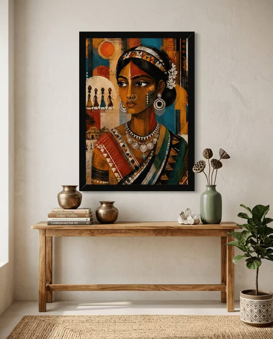 Framed Santhal Indian folk culture art poster featuring a tribal woman in traditional attire displayed on a wooden console table, perfect for ethnic home and living room wall decor.