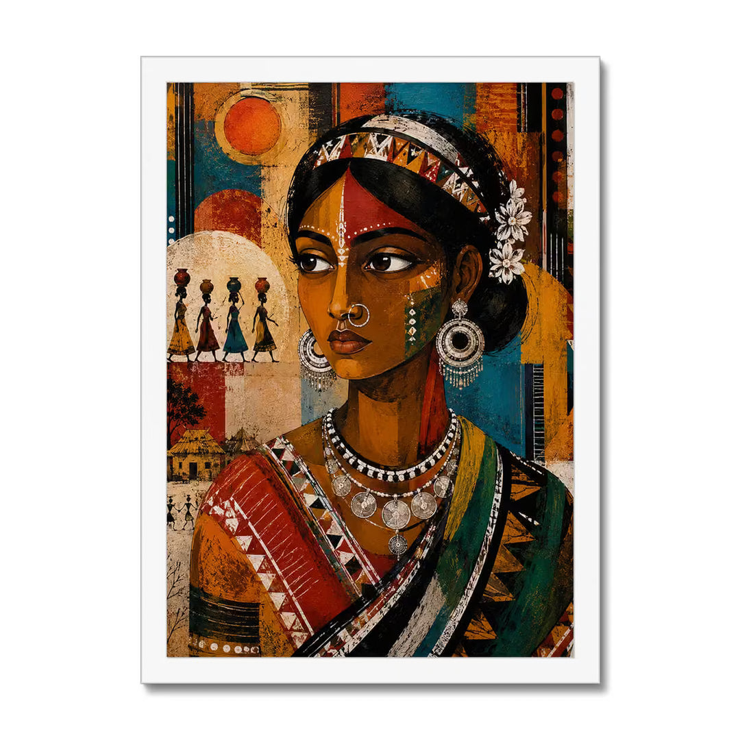 White framed Santhal tribal woman artwork inspired by Indian folk traditions with detailed jewellery, colourful patterns and authentic cultural illustration.