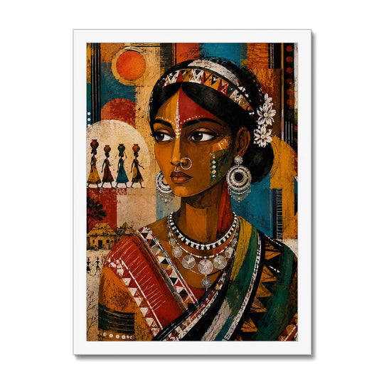 White framed Santhal tribal woman artwork inspired by Indian folk traditions with detailed jewellery, colourful patterns and authentic cultural illustration.