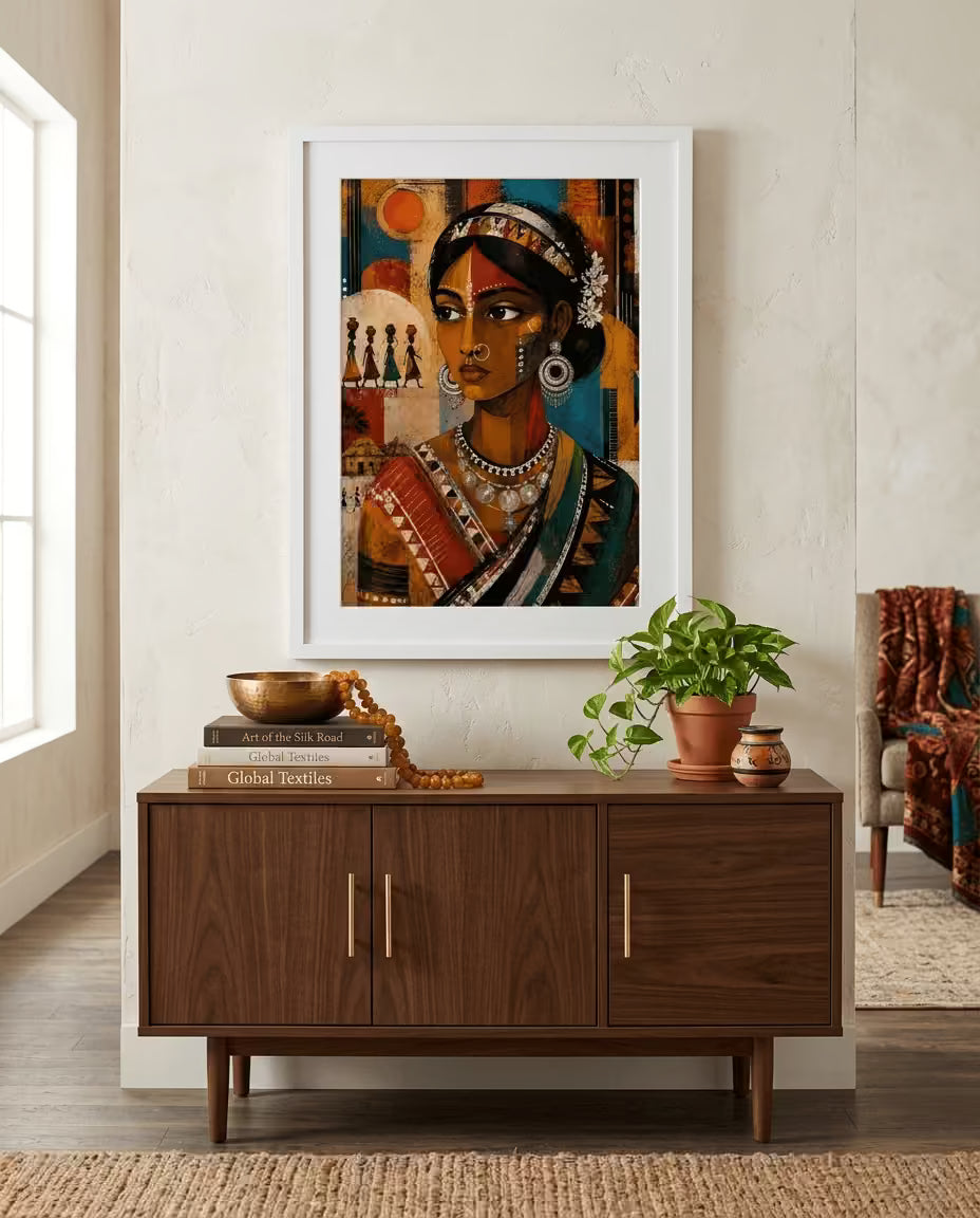 Santhal tribal woman artwork in a white frame showcasing traditional Indian folk culture, vibrant ethnic colours and tribal-inspired wall decor for modern interiors.