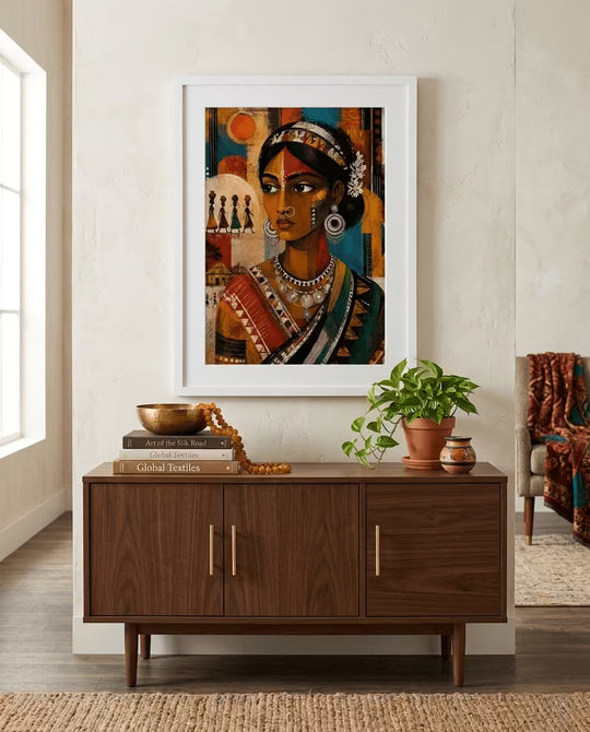 Santhal tribal woman artwork in a white frame showcasing traditional Indian folk culture, vibrant ethnic colours and tribal-inspired wall decor for modern interiors.