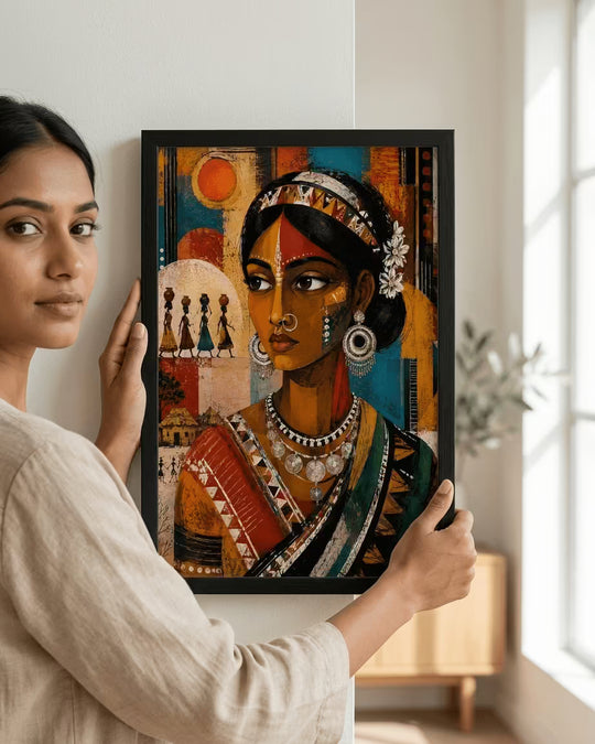 Lifestyle mockup showing a person holding a framed Santhal Indian folk culture art print featuring a traditional tribal woman portrait for wall decor size reference.