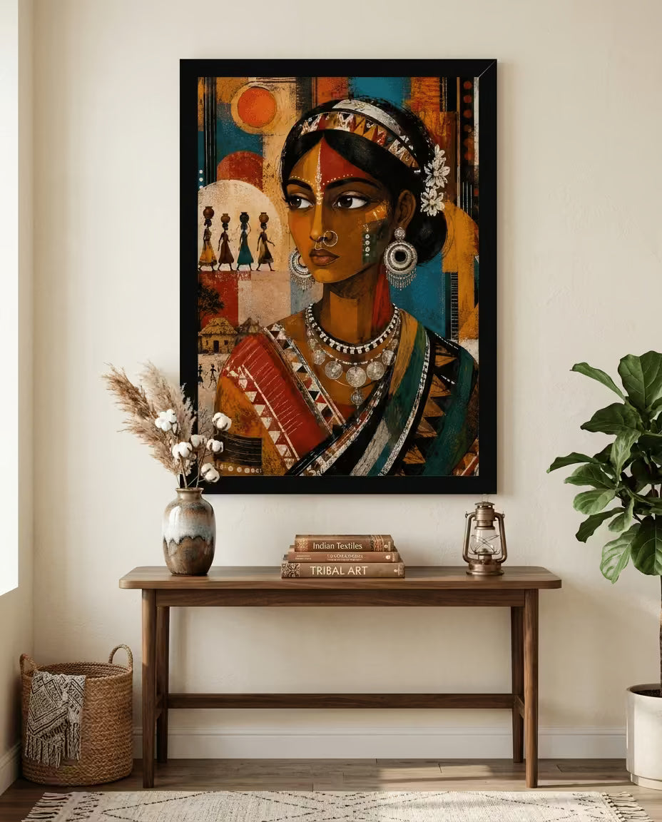 Colourful Santhal woman folk art poster with traditional tribal jewellery and cultural motifs displayed in a black frame for modern Indian home decor.