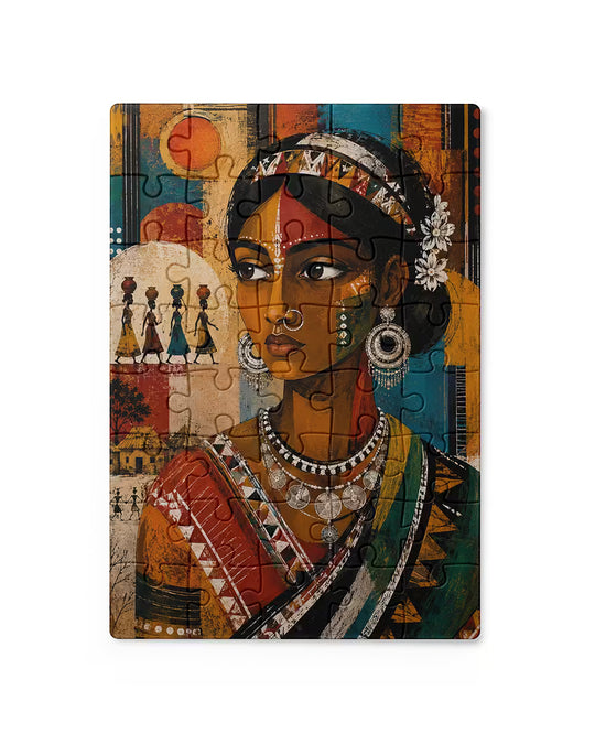 A vibrant PrintLagoon jigsaw puzzle featuring an artistic portrait of a Santhal woman wearing traditional attire, ornate silver jewelry, a nose ring, and floral hair adornments. The colorful geometric background and village-inspired motifs create a striking folk art design.
