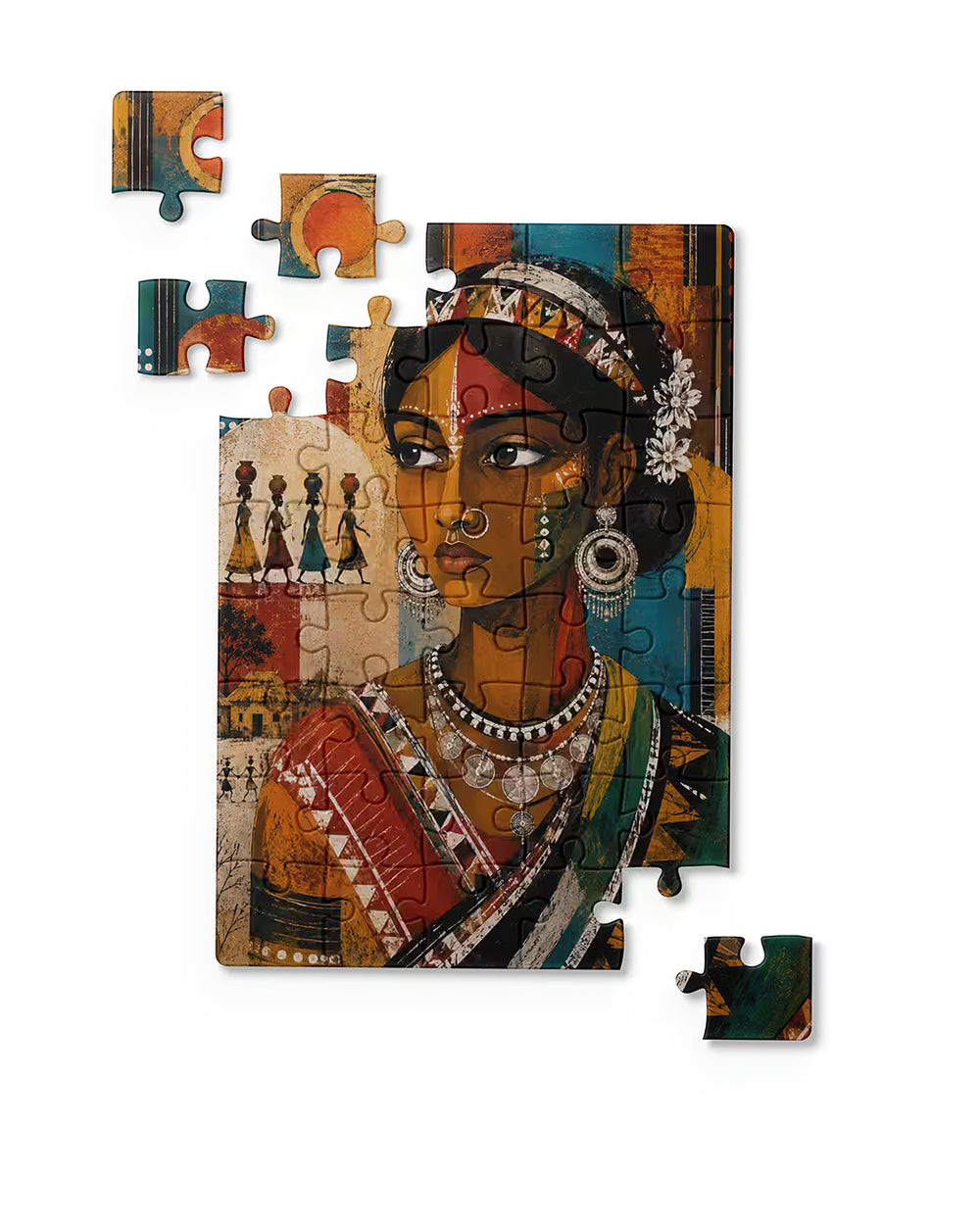 PrintLagoon jigsaw puzzle showcasing a richly detailed portrait of a Santhal woman dressed in a traditional sari with layered silver necklaces, large circular earrings, and intricate face paint. The artwork combines warm earthy tones, bold geometric patterns, and scenes of Santhal village life, including figures carrying pots and rustic homes, for a visually captivating folk-inspired composition.
