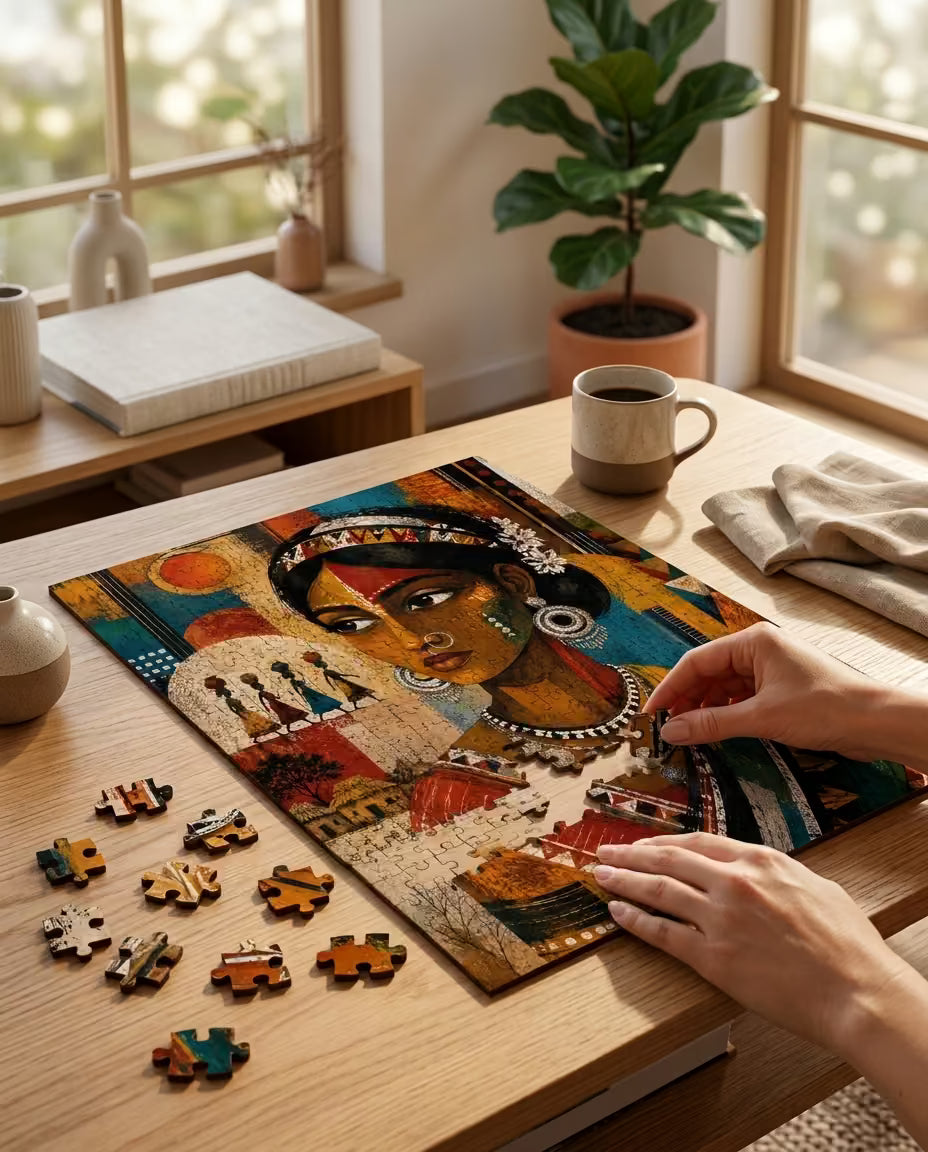 Person assembling a puzzle of an artistic portrait on a wooden table with a cup of coffee and plant in the background.