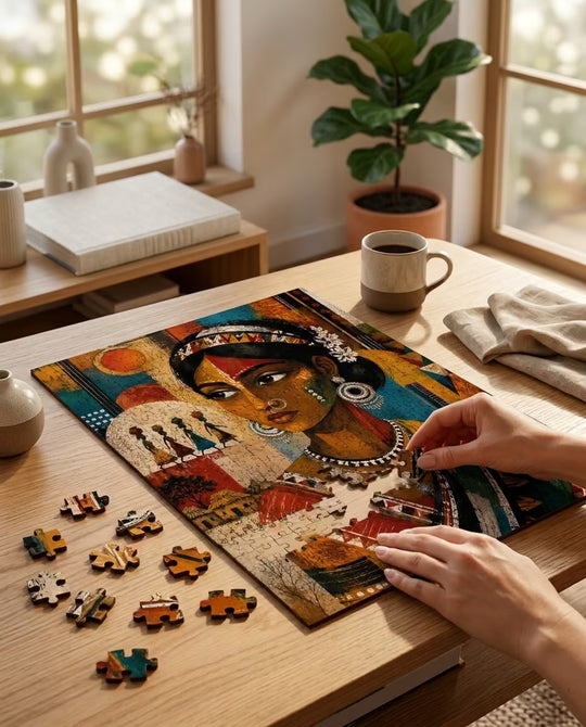 Person assembling a puzzle of an artistic portrait on a wooden table with a cup of coffee and plant in the background.