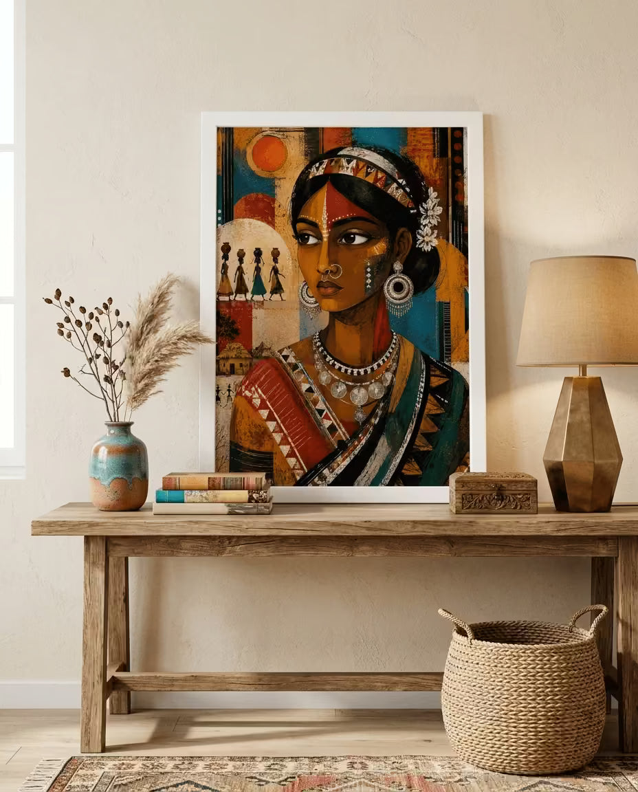 Traditional Santhal Indian folk art print featuring a beautifully illustrated tribal woman with cultural jewellery, ideal for home, office and hallway wall decoration.