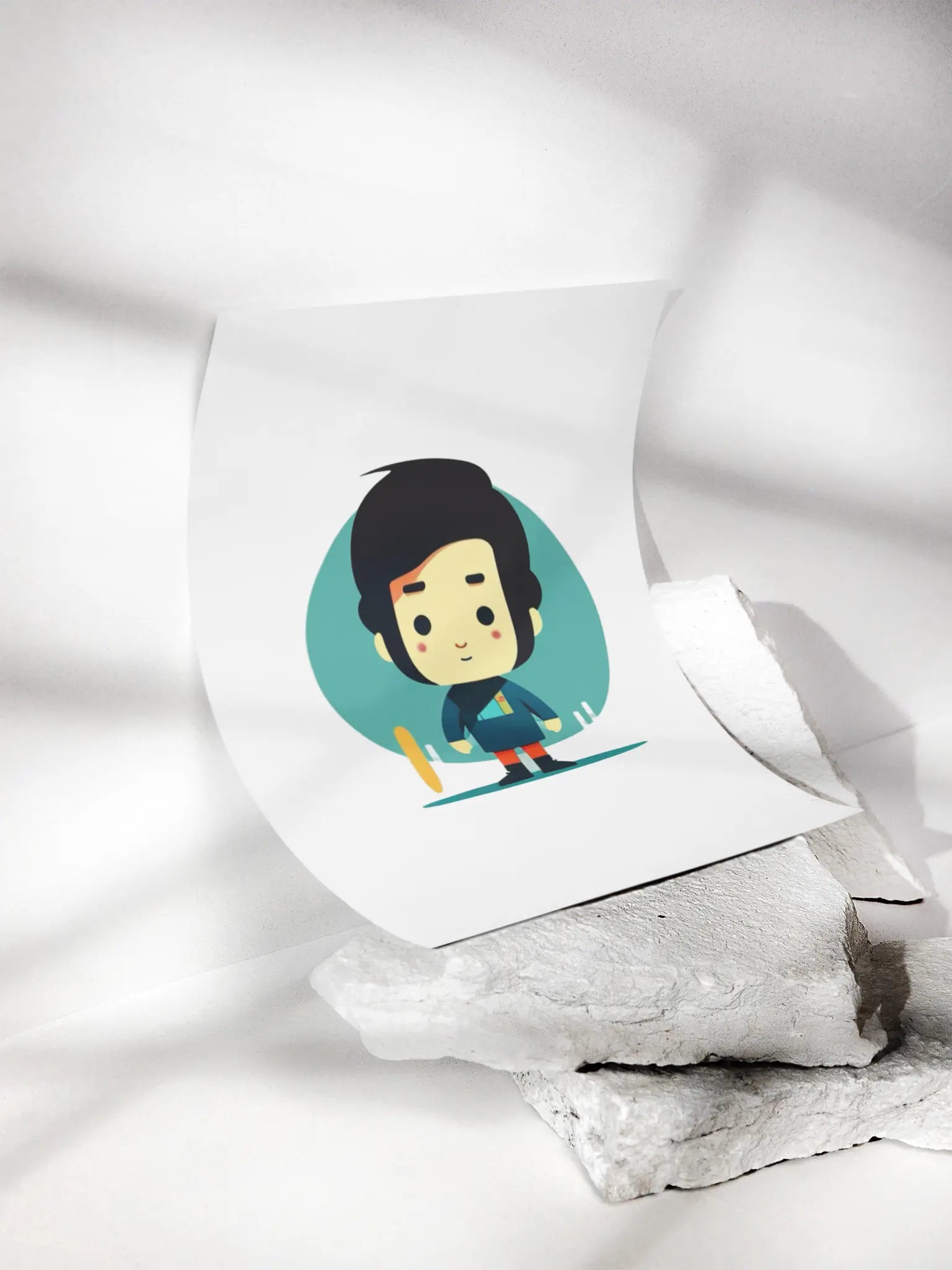 Minimalist wall art print by Printlagoon featuring a cute illustrated character on premium matte paper, styled on textured white stone blocks with soft natural light for modern home and office décor.