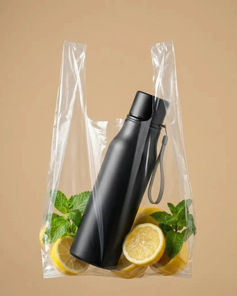 A matte black insulated bottle with a gray strap, shown inside a clear plastic bag filled with lemon slices, mint leaves, and a beige background.