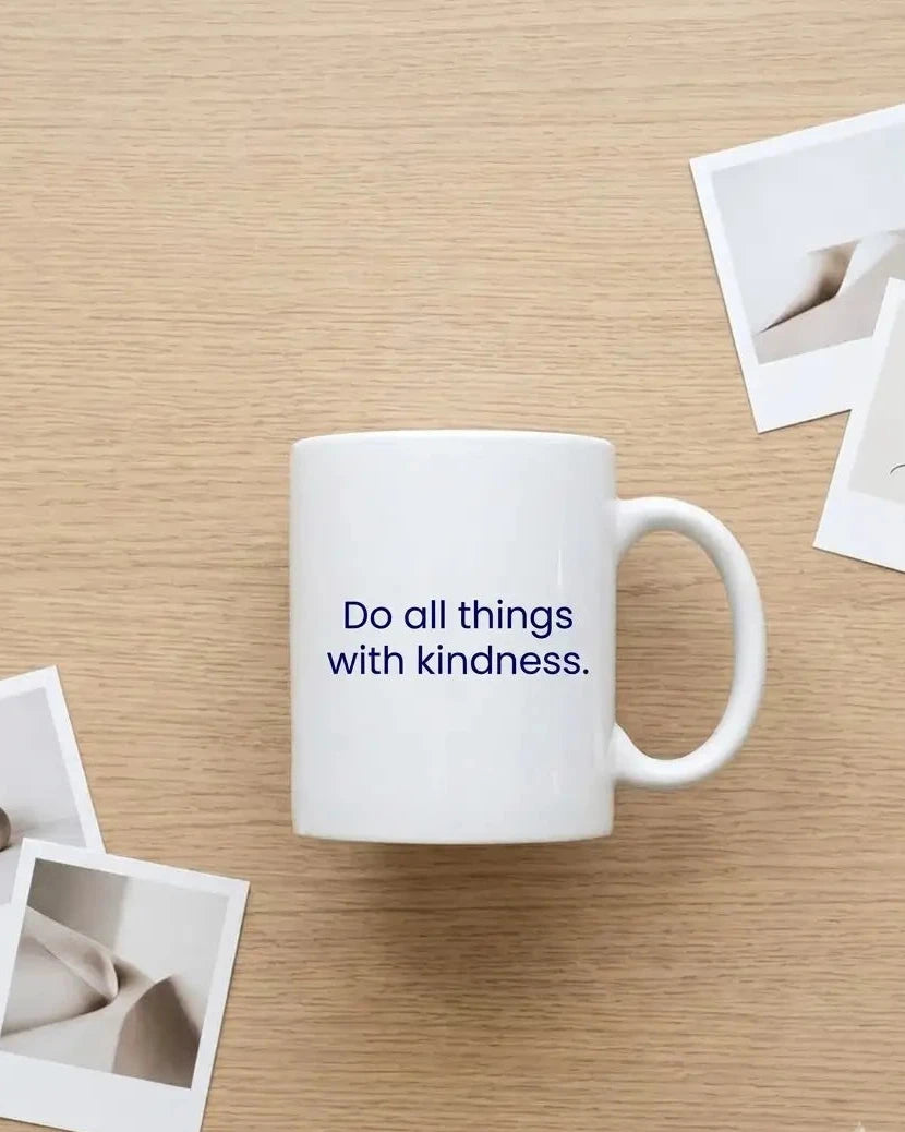 Customised white 325ml coffee mug by printlagoon on table