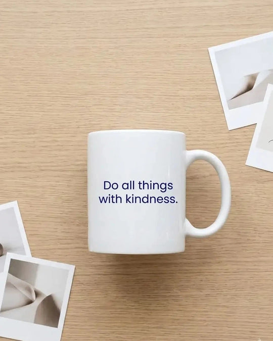 Customised white 325ml coffee mug by printlagoon on table