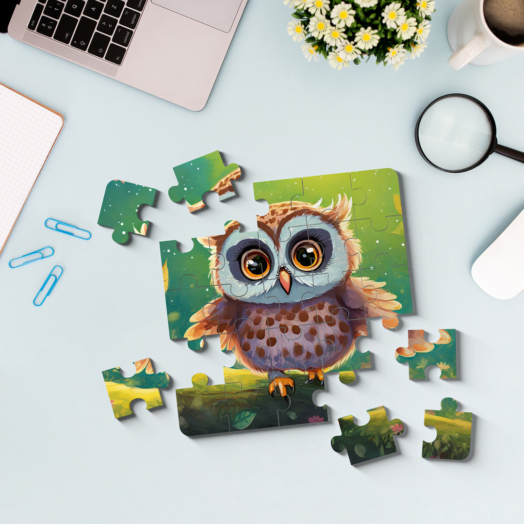 Owl-themed puzzle on a light blue surface with a laptop, flowers, and magnifying glass in the background by printlagoon.