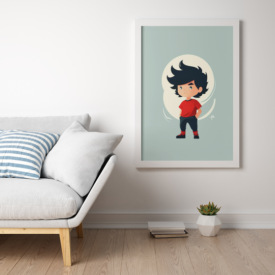 Framed illustration of a young boy with black hair and a red shirt in a living room.