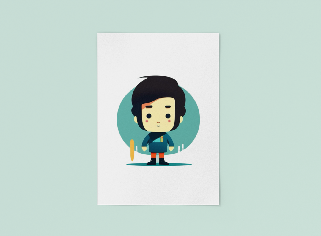 Cute cartoon illustration of a chibi-style boy with big hair, red shorts, and a teal shirt, standing confidently in front of a circular blue-green background.