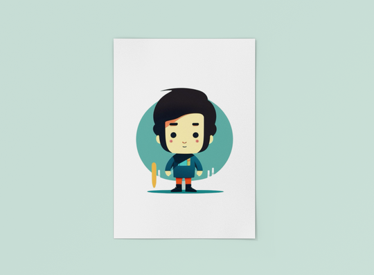 Cute cartoon illustration of a chibi-style boy with big hair, red shorts, and a teal shirt, standing confidently in front of a circular blue-green background.