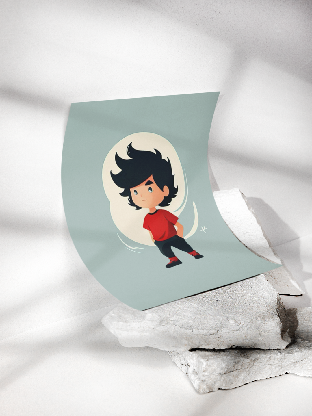 Illustration of a character on a light blue background with a white fabric draped over it.