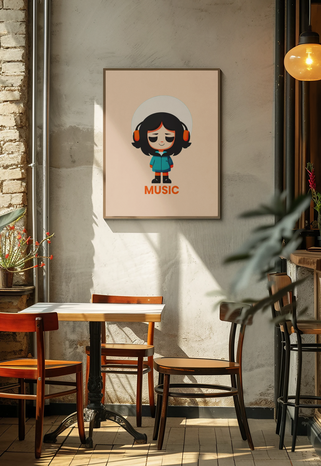 Café interior with wooden tables and chairs, framed artwork on the wall.