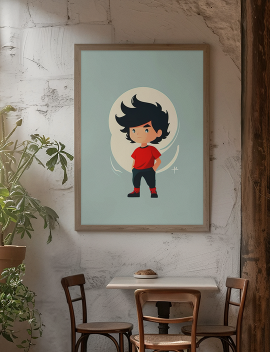 Framed illustration of a character with black hair and a red shirt on a light blue background, displayed in a casual dining setting.