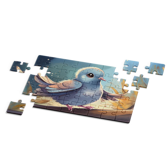 Adorable blue and white baby bird digital painting with dreamy lighting and nature background, jigsaw puzzle picture by printlagoon.