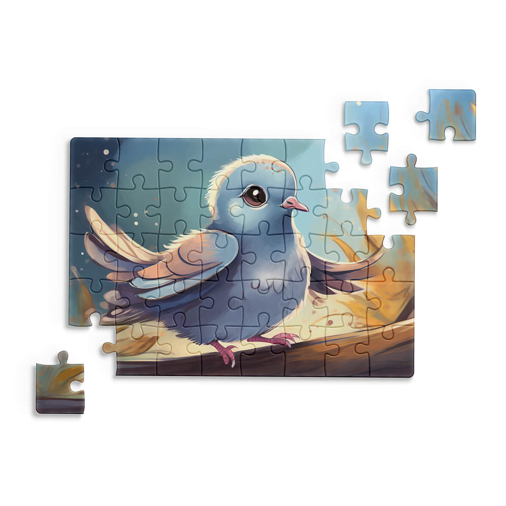 Fantasy style cartoon bird with big eyes perched on a branch with golden leaves, colorful jigsaw puzzle artwork by printlagoon.