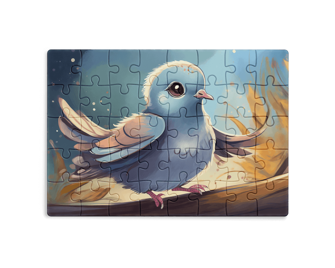 Cute baby bird illustration sitting on a tree branch with soft glowing background, jigsaw puzzle design by printlagoon.