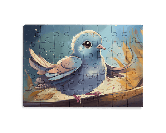 Cute baby bird illustration sitting on a tree branch with soft glowing background, jigsaw puzzle design by printlagoon.