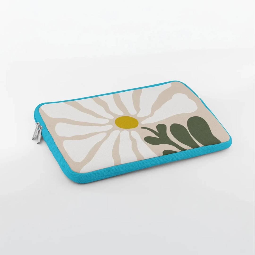 Personalised laptop sleeve with boho daisy print and teal trim