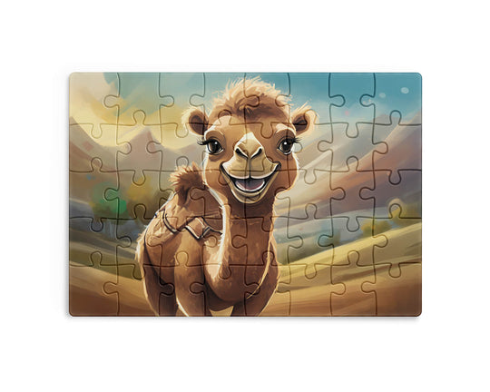 Cute smiling baby camel in a desert landscape, colorful cartoon animal illustration for kids jigsaw puzzle.