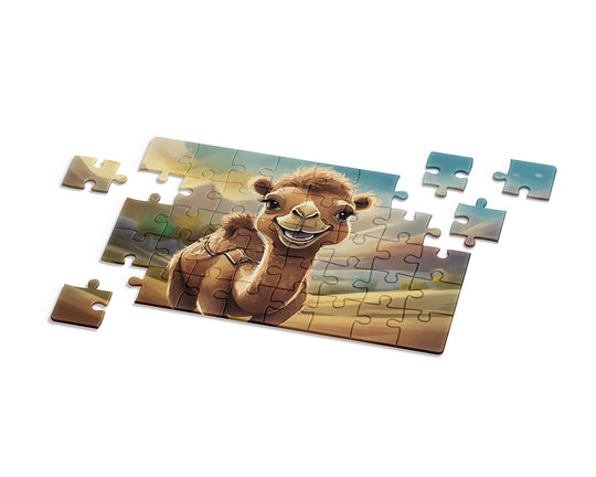 Jigsaw puzzle with a camel design on a white background