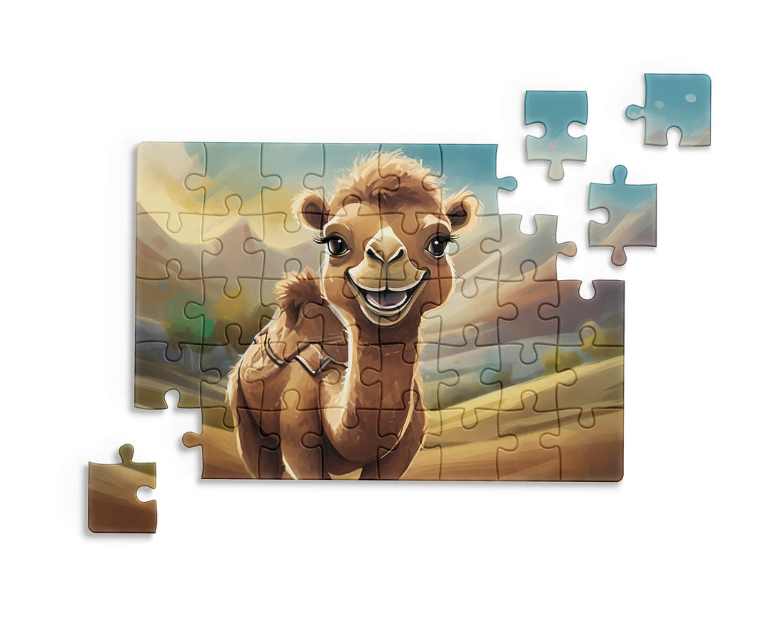 Jigsaw puzzle with a camel design on a white background
