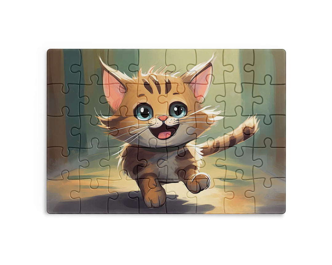 Cute smiling kitten with big blue eyes running playfully, colorful cat illustration for kids jigsaw puzzle.