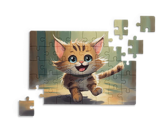 Adorable cartoon kitten with striped fur and happy expression, children&