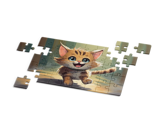 Playful baby cat character with large eyes and fluffy fur, fun kids jigsaw puzzle featuring a cute kitten.
