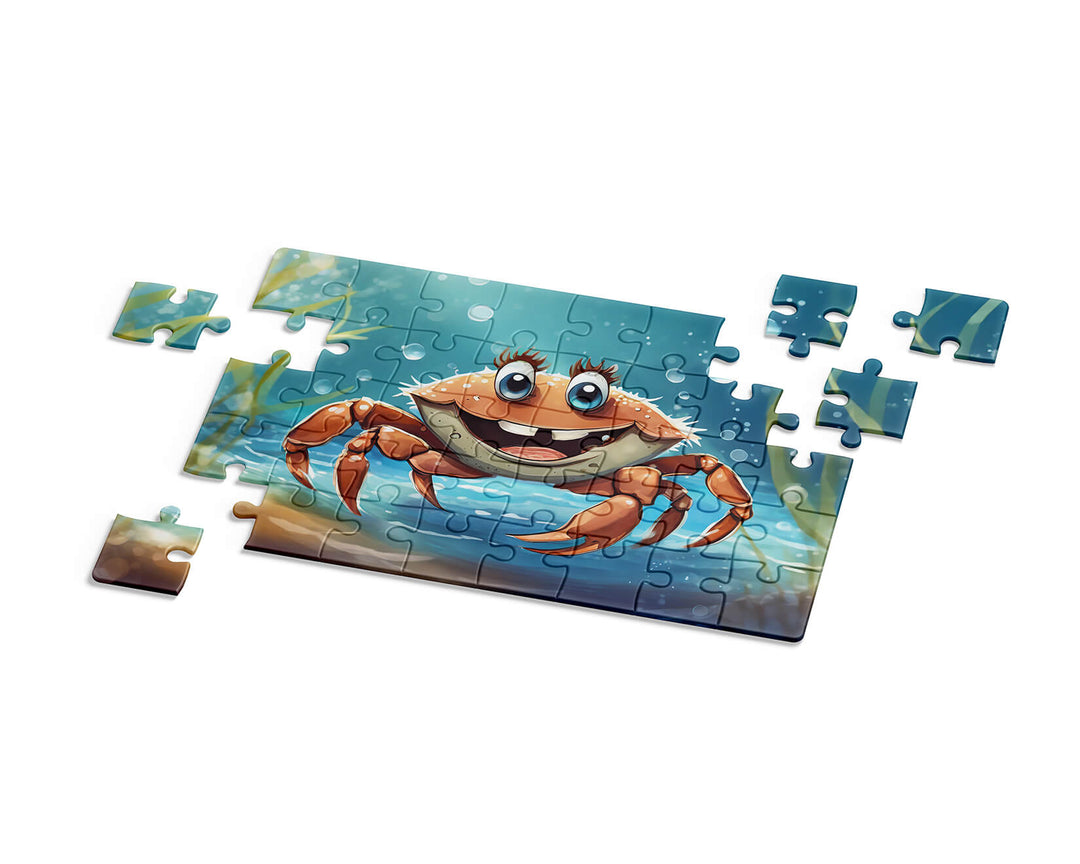 Adorable ocean crab character in a bright underwater environment, educational jigsaw puzzle for kids.