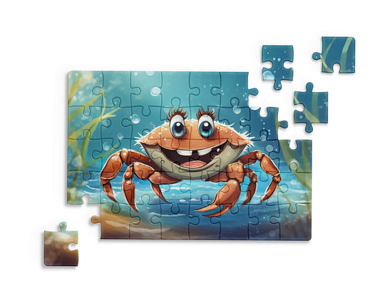 Cute cartoon crab smiling beneath the sea with bubbles and sea plants, fun animal puzzle for children.