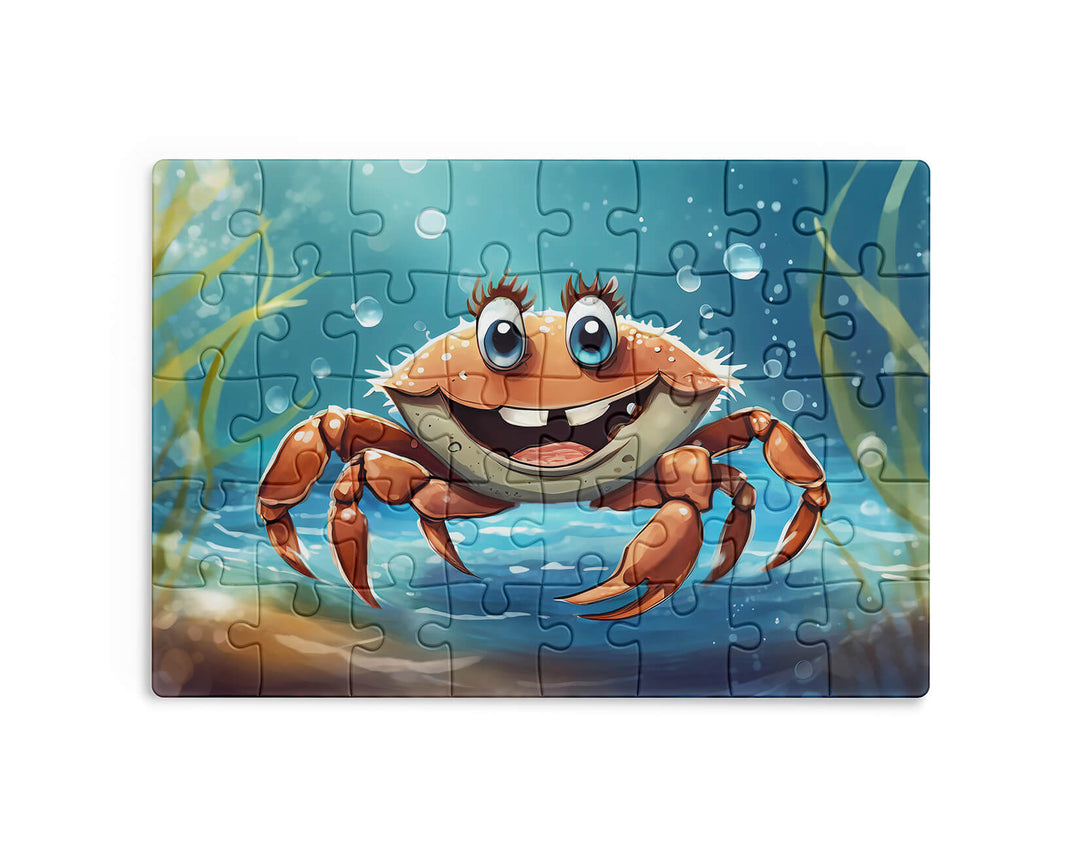 Happy orange crab with big blue eyes in an underwater ocean scene, colorful kids jigsaw puzzle artwork.