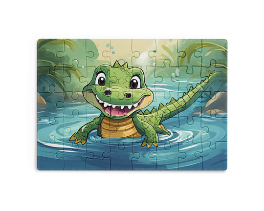 Cute cartoon crocodile smiling in a jungle river, colorful animal illustration for kids jigsaw puzzle.