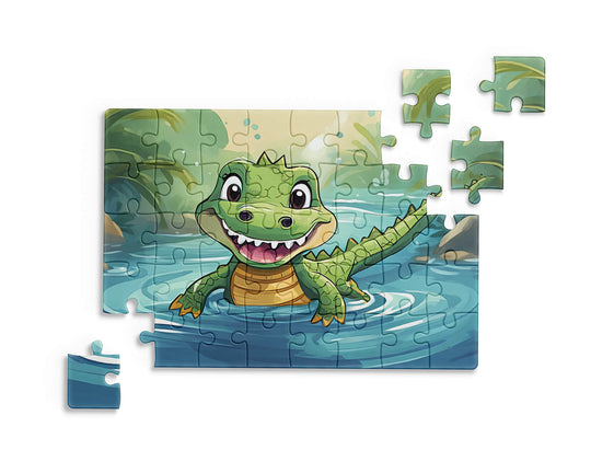 Cute cartoon crocodile smiling in a jungle river, colorful animal illustration for kids jigsaw puzzle.