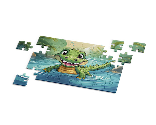 Cute cartoon crocodile smiling in a jungle river, colorful animal illustration for kids jigsaw puzzle by printlagoon