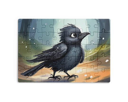 Jigsaw puzzle with a crow bird design on a white background