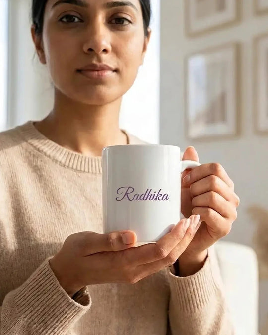 Customized White Classic Mug of 325ml, written radhika in purple colour and great vibes font style.
