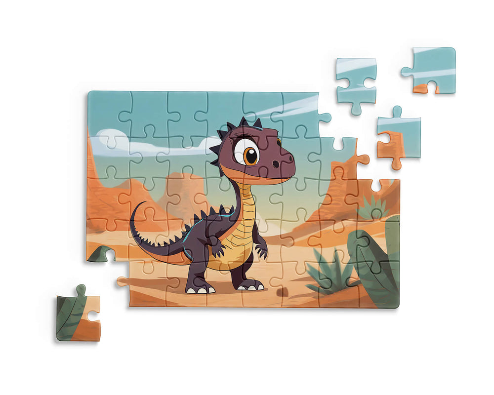 Friendly baby dinosaur surrounded by desert rocks and plants, fun educational puzzle for children by printlagoon.