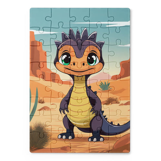 Cute cartoon dragon lizard jigsaw puzzle with big green eyes standing in a desert canyon landscape
