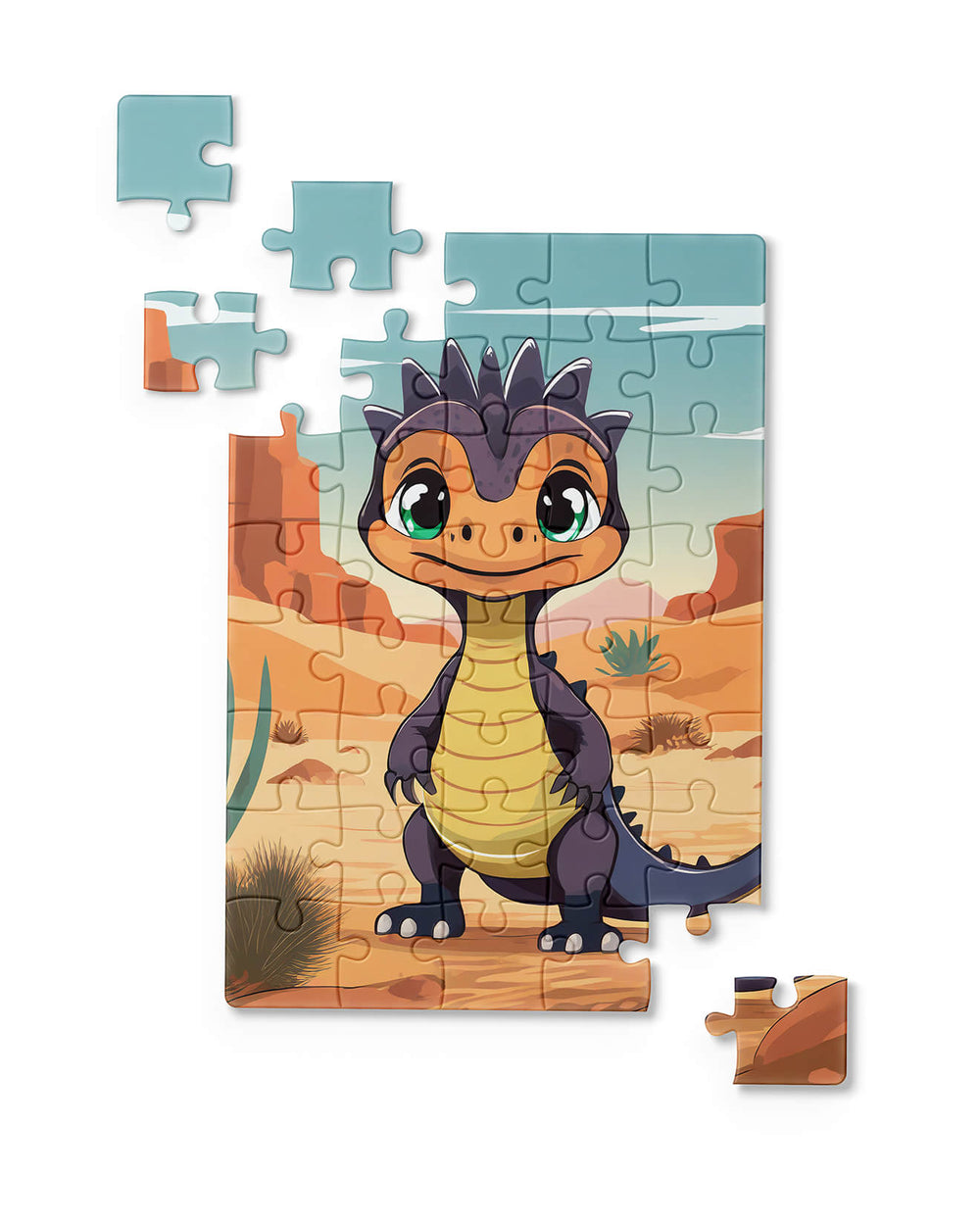 Adorable purple and orange baby dinosaur jigsaw puzzle set against red rock desert background