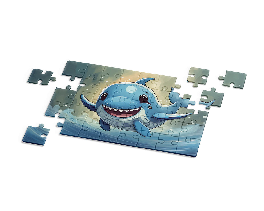 Adorable blue dolphin with a cheerful smile jumping through water, fun marine life jigsaw puzzle for kids.