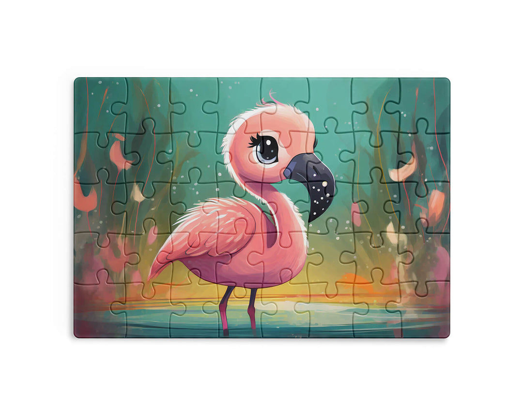 Jigsaw puzzle with a pink flamingo design on a white background